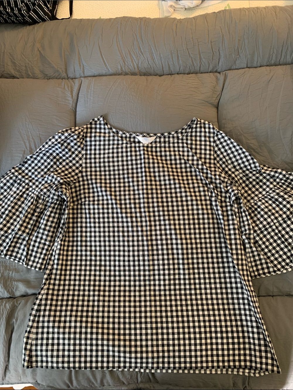 Time and Tru Black and White Gingham Bell Sleeve Top
